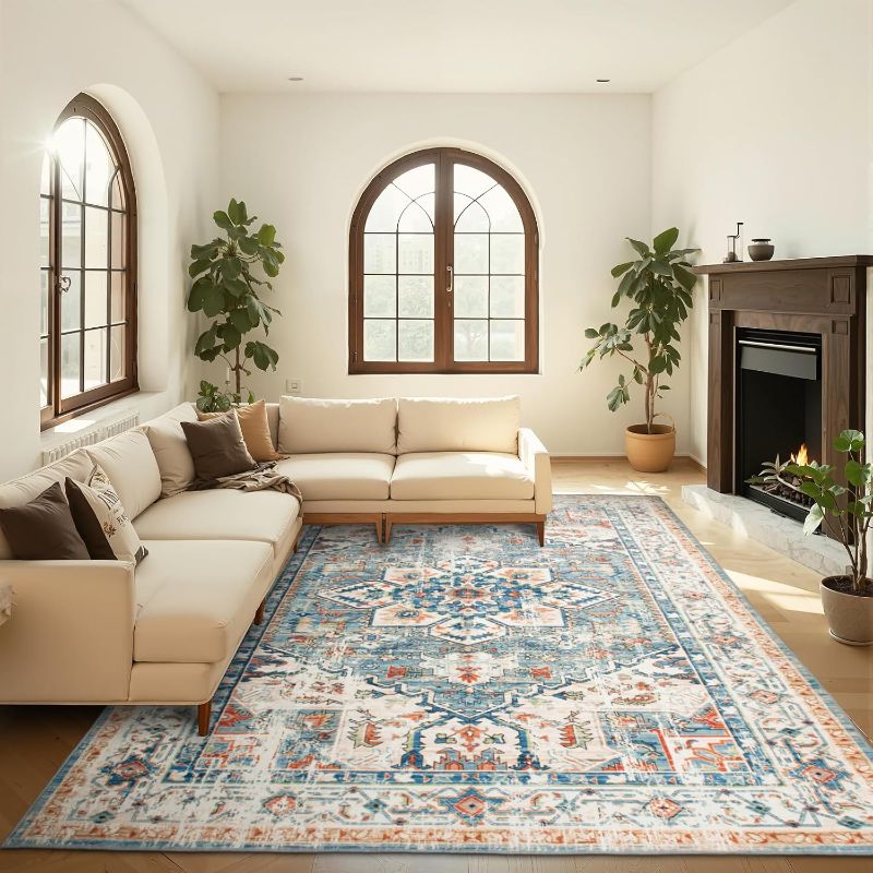 Photo 1 of 7x9 Area Rug for Living Room Non Slip Low Pile,Washable Vintage Persian 9x7 Area Rugs in Teal Blue for Bedroom Indoor,7 Foot by 9 Foot Dining Room Carpet,7'x9'Ft Home Office Desk Mat Under Table
