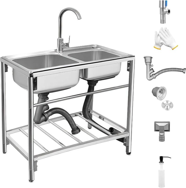 Photo 1 of Commercial Stainless Steel Double Bowl Kitchen Sink, 31.5" x 16.9" x 29.5" Outdoor Utility Sink with Hot and Cold Faucet, Free Standing Restaurant Sink for Restaurant, Kitchen, Laundry, Garage, Cafe