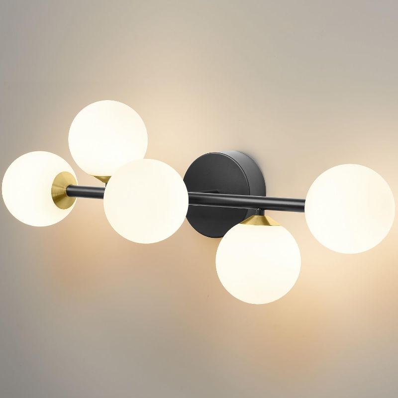 Photo 1 of Bathroom Vanity Lights, 5-Light Black and Gold LED Bathroom Light Fixtures, Mid Century Modern Dimmable LED Bathroom Lights Ceiling Light, Wall Sconces Wall Lights with Frosted Milk Glass, 3000K
