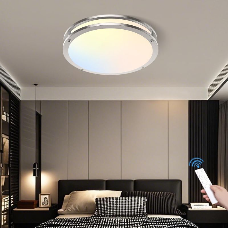 Photo 1 of AOMEI 16inch Silver Natural Light Spectrum LED Ceiling Light for Bedroom Living Room - 24W 3000K-6000K, 4-Point Secure Flush Mount Flat Panel, CRI 97 Round Modern Fixture with Remote Control