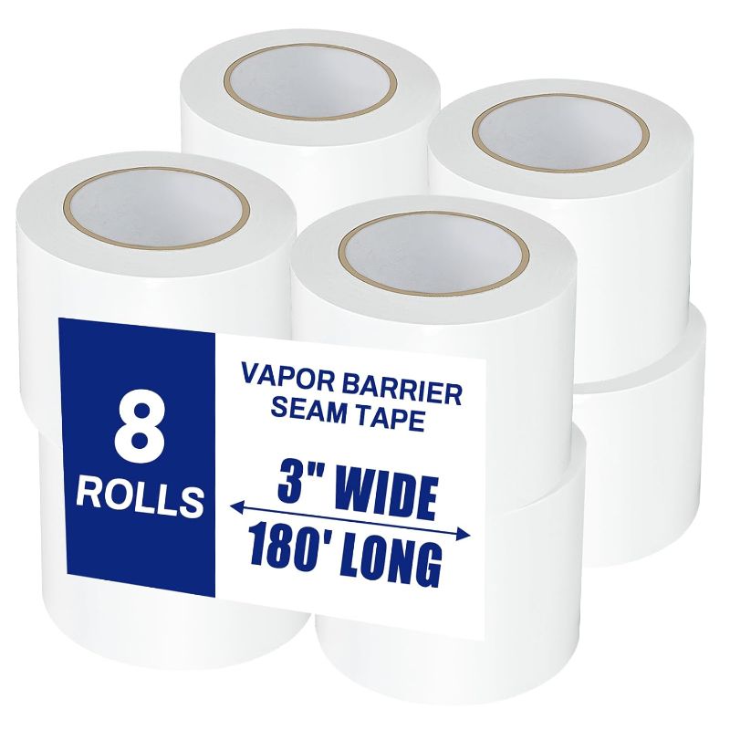 Photo 1 of 8 Roll Vapor Barrier Tape, 3" Wide x 180' Long, White PE 9 mm Polyethylene Tape, Waterproof Moisture Barriers Seal and Seam, for Underlayment Crawl Spaces, Insulation Repairs & Plastic Liners