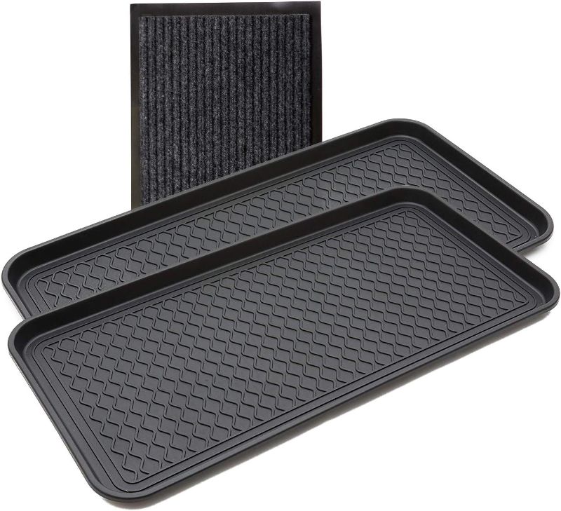 Photo 1 of 2 Pack Multi-Purpose 30x15 Tray with a Bonus Doormat for Boots, Shoes, Plants, Pet Food, Pet Cage, Litter Box. Decorative Large Boot Tray with Lip/Sides for Indoor/Outdoor Entryway