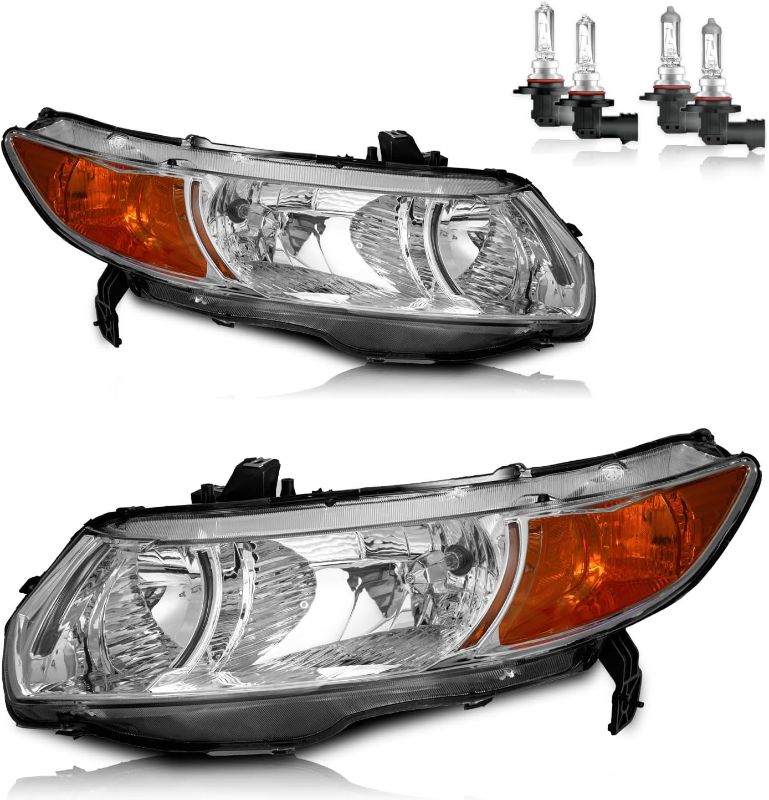Photo 1 of Headlights Assembly for 2006-2011 Honda Civic 2-Door Halogen Headlamp Replacement, High/Low Beam W/Bulbs, Driver & Passenger Side
