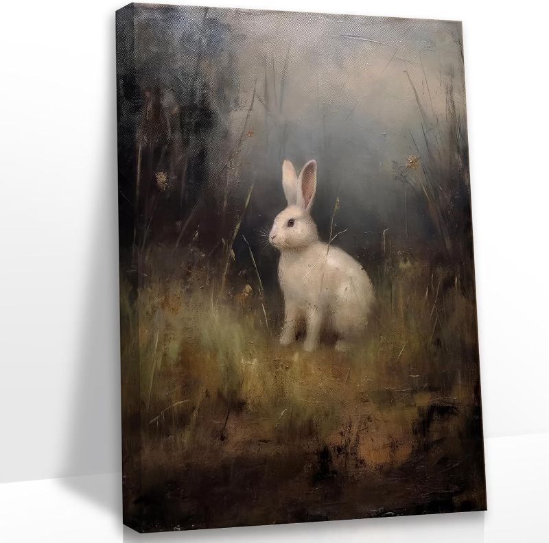 Photo 1 of HDXUFJQ Bunny Canvas Wall Art Vintage Woodland Animal Wall Decor Retro style Rabbit Print Painting Classic Home Decor for Bedroom Living room bathroom children's room Ready to Hang(12x16 inch)