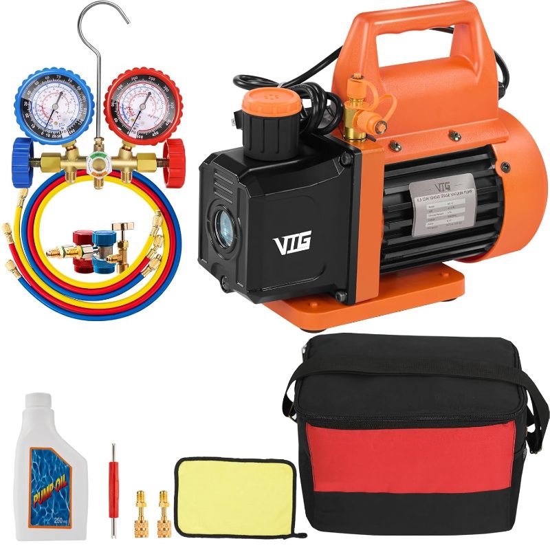 Photo 1 of 4.5 CFM AC Vacuum Pump and Gauge Set,for Mini Split/HVAC/Auto Systems,Manifold Gauge Kit Compatible with R134a R12 R22 R502,Includes R134a Can Tap,R410a Adapters

