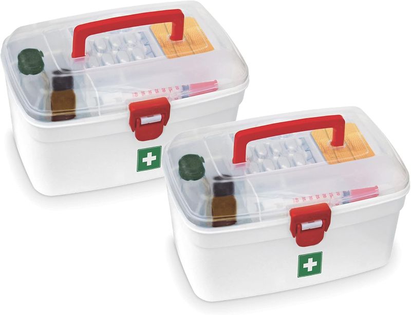 Photo 1 of MILTON Medical Box, First Aid Empty Medicine Storage Box Organizer Family Emergency Kit Detachable Tray Easily Accessible with a Transparent Lockable Lid White - Set of 2
