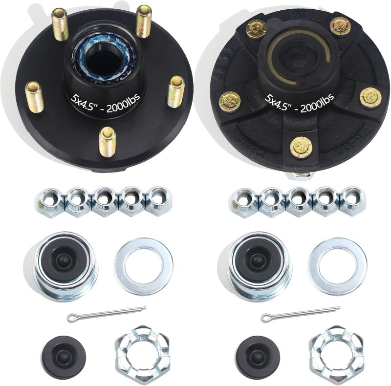 Photo 1 of 2 Sets Trailer Hub Kits 5 on 4.5'' for 2000 lbs 1-1/16'' Straight Spindle, Pre-Installed Prelubricated L44649 Bearings 1.25''ID Grease Seals 5x4.5 Trailer Idler Hub Kit 5 Lug Bolt Wheel Hubs
