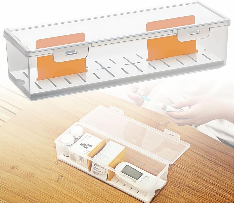 Photo 1 of Diabetic Supplies Organizer Box with Adjustable Dividers - Glucose Lancet Storage Case for Travel Home, 12"L x 4"W x 3"H, 1 Pc
