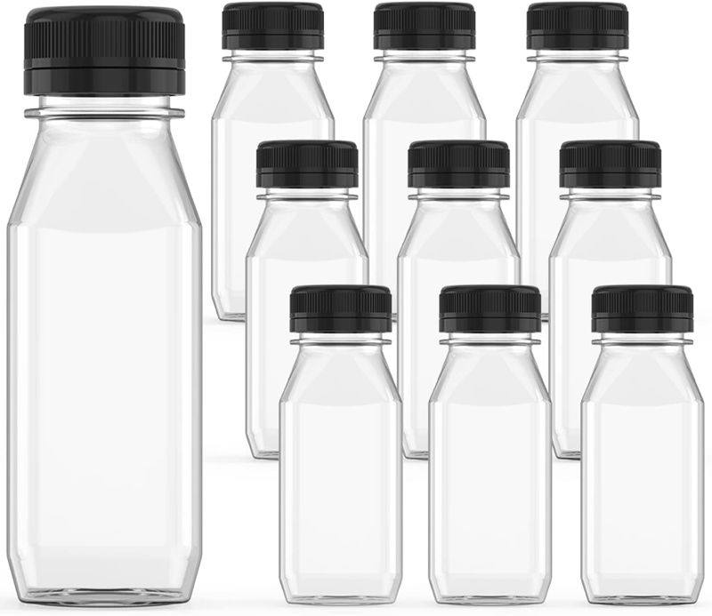 Photo 1 of 10 Pcs 8 oz Plastic Juice Bottle Reusable Transparent Bulk Beverage Containers with Black Lids for Juice, Drinking Milkshake Tea, Milk, Juicing Smoothie Water and Other Beverages, Fridge Storage
