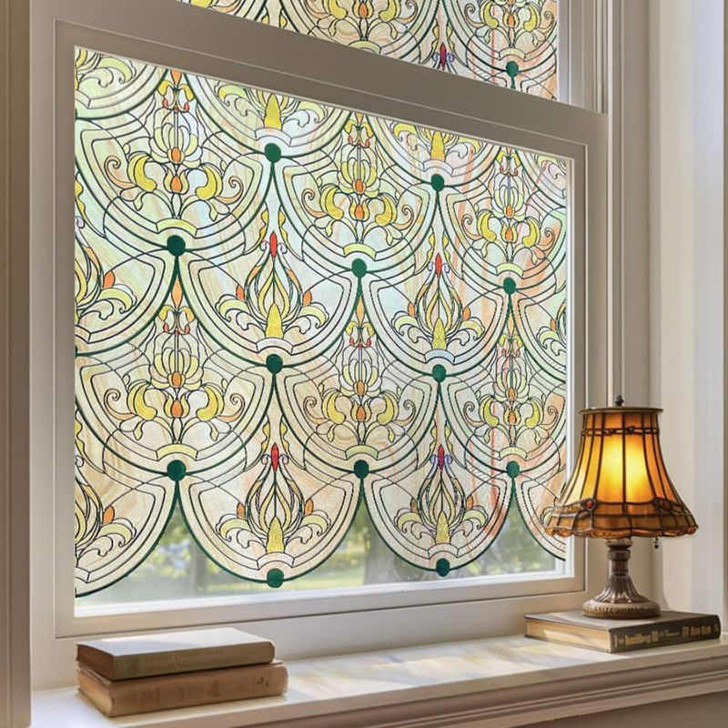 Photo 1 of 3D Stained Glass Window Film, Decorative Window Privacy Film for Bathroom,Front Door,Home, Sun Blocking Heat Control,Static Cling, Removable Non-Adhesive Golden Ironwork 23.6inch x 35.4inch
