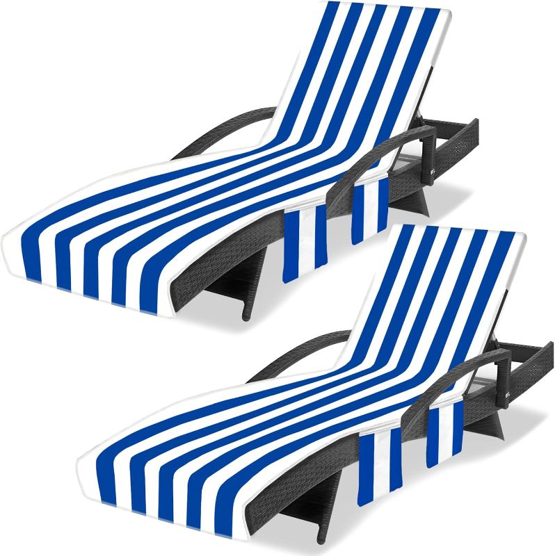 Photo 1 of Lounge Chair Towel Cover, Beach Chair Covers (Pack of 2), Chaise Lounge Cover with 3 Pockets for Pool Beach Garden Courtyard Outdoor Trips, 85 x30 in, Striped Dark Blue
