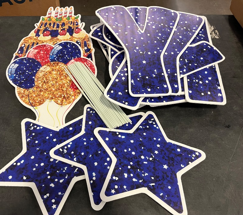 Photo 1 of Jetec 18 Pieces Happy Birthday Yard Signs with Stakes, 16 Inches Birthday Outdoor Lawn Signs, Cake Balloon Patio Decorations, Garden Lawn Decorations for Party Outdoor Decor(Blue)