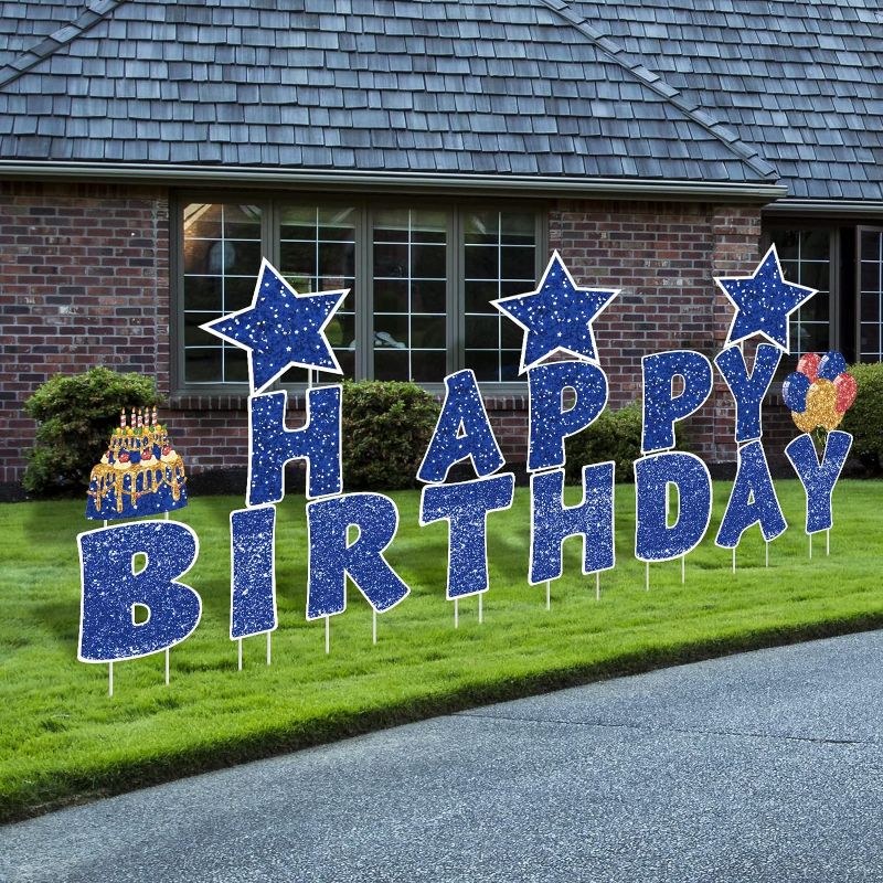 Photo 1 of Jetec 18 Pieces Happy Birthday Yard Signs with Stakes, 16 Inches Birthday Outdoor Lawn Signs, Cake Balloon Patio Decorations, Garden Lawn Decorations for Party Outdoor Decor(Blue)