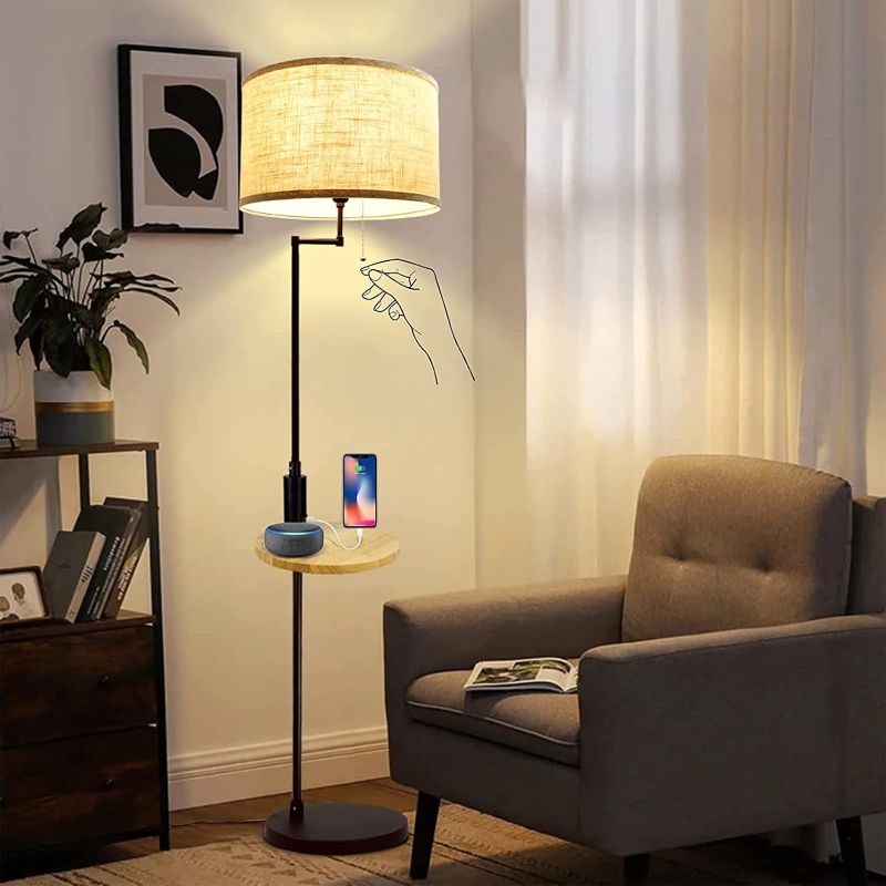 Photo 1 of DLLT Living Room LED Floor Lamp- Standing Accent Light with USB Charging Port, Energy Saving, Tall Pole Lighting with Beside Table, Mid Century Contemporary Rooms Lamps, E26 Warm Lights,Fabric Shade

