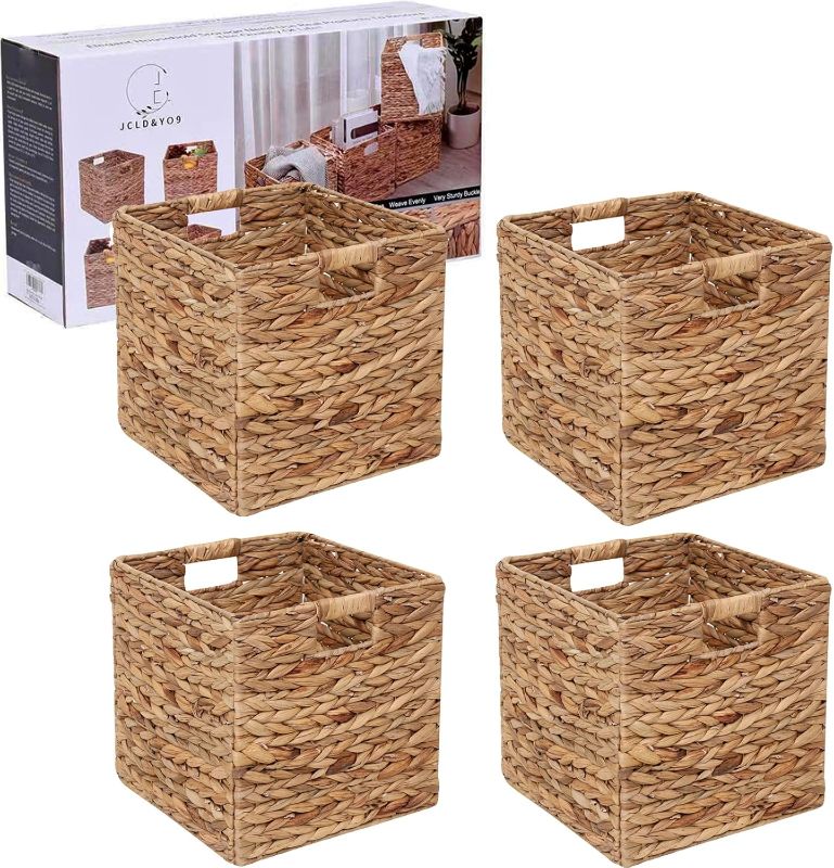 Photo 1 of 12x12in Storage Baskets Set of 4 Water Hyacinth Baskets,Foldable Handwoven Storage Cubes,Wicker Cube Baskets Laundry Organizer Totes for Home
