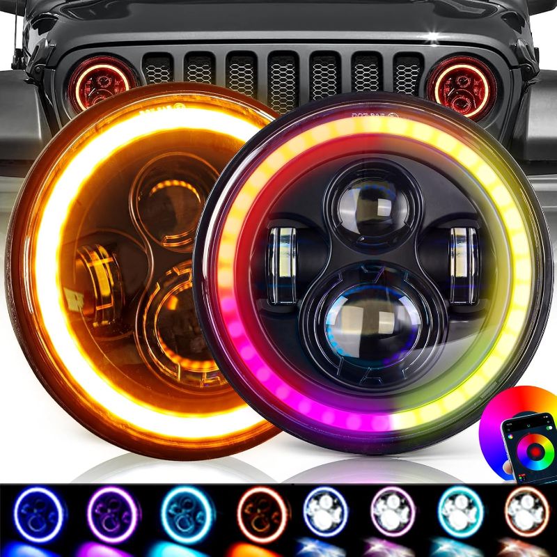 Photo 1 of HILLSKING 2pcs halo headlights Compatible with Jeep Wrangler JK TJ CJ Chevy and miata - Super bright Hi/Lo Beam DRL Amber Turn Signal H6024 DOT-Plug and Play - APP and Remote control(RGB HALO)
