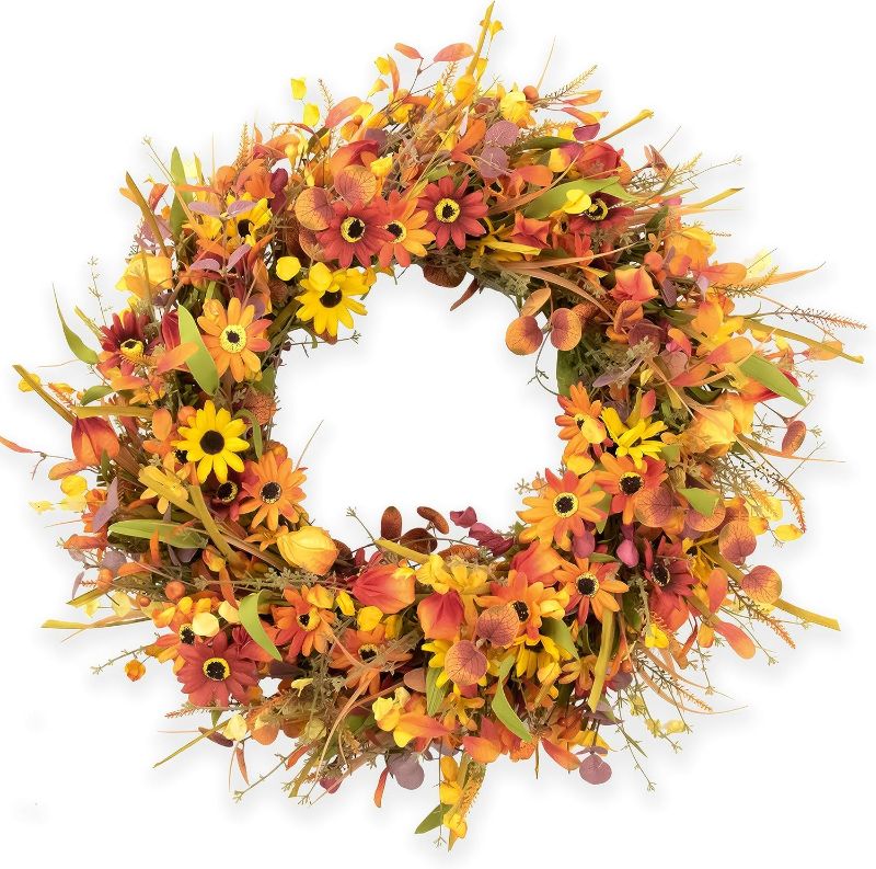 Photo 1 of JINGHONG 28 Inch Large Fall Wreaths for Front Door Artificial Fall Wreath Floral Autumn Wreath with Colorful Daisies Fall Foliage for Indoor Outside Door Harvest Festival Thanksgiving Day Celebration
