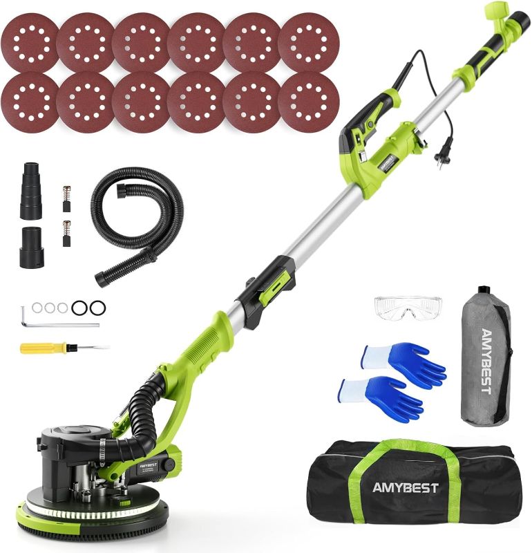 Photo 1 of AMYBEST Drywall Sander, Powerful Electric Drywall Sander with Vacuum Dust Collection, 5 Speed 1000-2100 RPM, Popcorn Ceiling Remover, LED Light & 12 Sanding Discs, Extendable Handle (GREEN)
