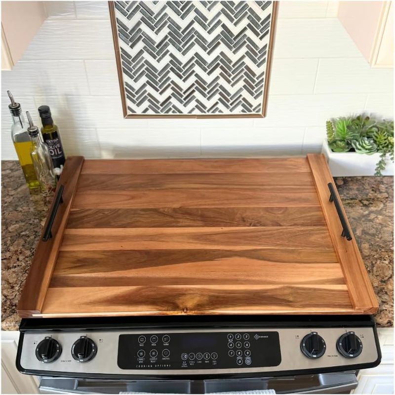 Photo 1 of *Crack on Corner** 
Noodle Board Stove Cover with Handles, Acacia Wood Stove Cover, Black and Gold Handles Included, 30.25"L x 21.75"W, Stove Top Covers for Gas Burners, Stove Top Covers for Electric Stove
