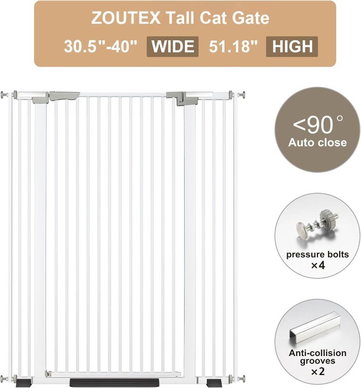 Photo 1 of 51.18" Extra Tall Cat Gate for Doorway, 30.5"-40" Auto Close Pet Gate Include 2.75" and 5.5" Extension Kits, No Drilling Pressure Mount Kit, Suitable for Doorways or Kitchen, New White