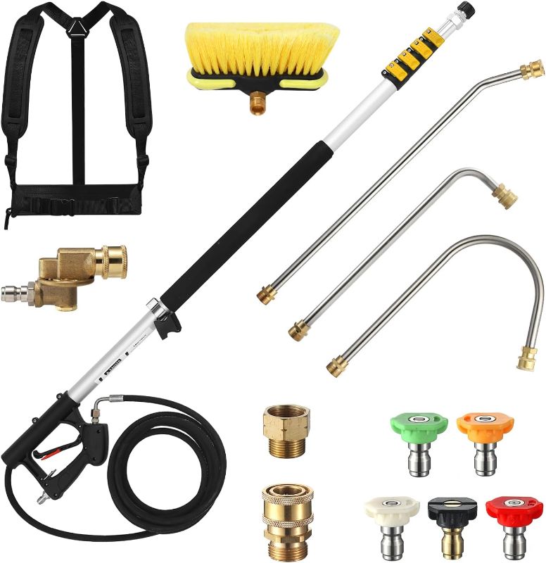 Photo 1 of 24 FT Telescoping Pressure Washer Wand with Pressure Washer Extension Wand, Brush Head, Gutter Cleaner, 5 Spray Nozzle Tips, 2 Hose Adapters and Support Belt
