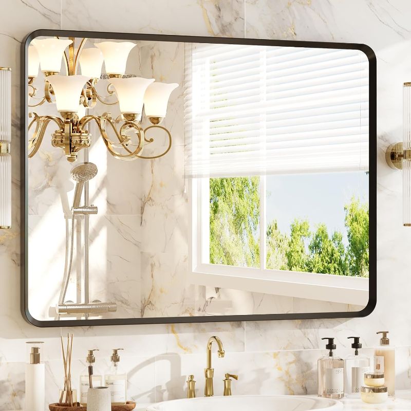 Photo 1 of 30x40 inch Black Rectangle Bathroom Mirror, Metal Aluminum Frame, HD Tempered Glass, Horizontal/Vertical Hanging, Modern Over Sink Mirror