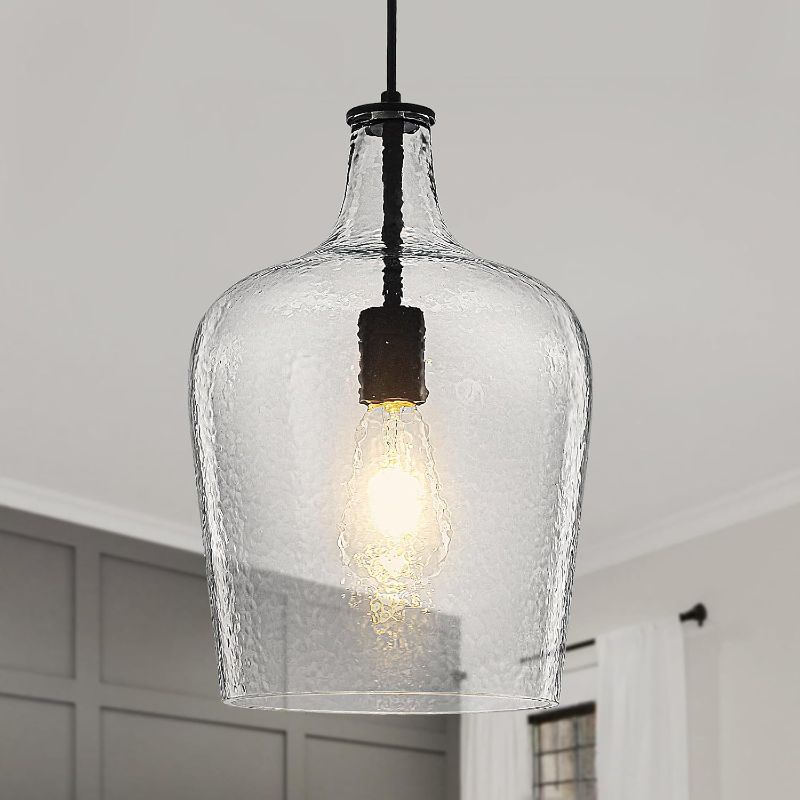 Photo 1 of 9.3" Blown Glass Pendant Lighting for Kitchen Island,Black Large Pendant Light Fixture with blown Thickened Glass,1 Light Farmhouse Hanging Light for Hallway,Bedroom, Living Room Tall 14 inch