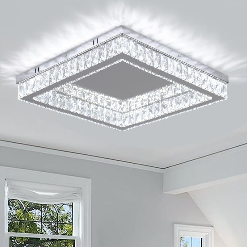 Photo 1 of Finktonglan Modern Square Crystal LED Ceiling Light - 17.7 inch Flush Mount Stainless Steel Chandelier for Living Room, Bedroom, Dining Room, 6000K, 34 Watts
