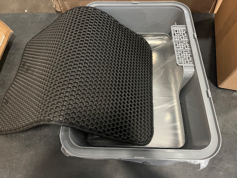 Photo 1 of Large Stainless Steel Cat Litter Box with lid Cover Mats Scooper Small High Sided Enclosed Metal Kitty Litter Box for Kittens or Senior Cats with Grey Enclosure