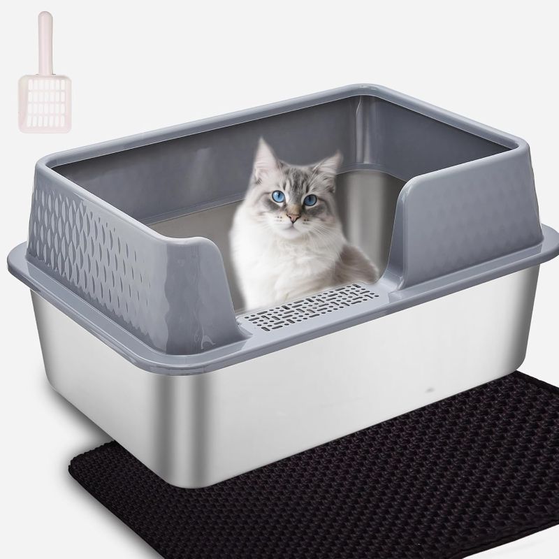Photo 1 of Large Stainless Steel Cat Litter Box with lid Cover Mats Scooper Small High Sided Enclosed Metal Kitty Litter Box for Kittens or Senior Cats with Grey Enclosure