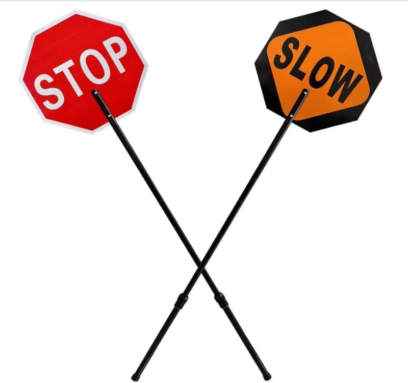 Photo 1 of 18x18 Inch Stop/Slow Paddle Sign with 60'' Telescopic Handle, Reflective Double-Sided Traffic Sign for Road Construction and Safety (2 PCS)