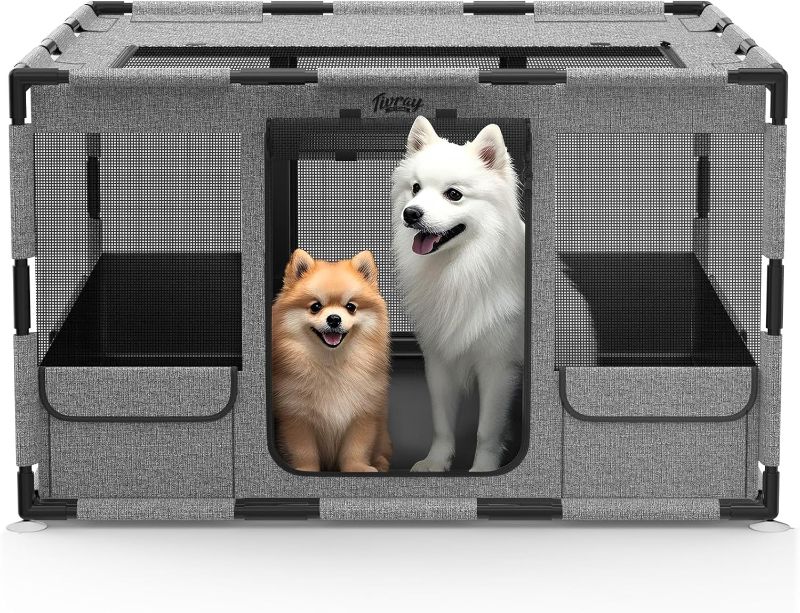 Photo 1 of Dog Playpen, 43"x43"x26" Portable Puppy Playpen with Cover & Gate, Foldable Pet Pen Indoor Outdoor Dog Fence, Tear Resistant Breathable Mesh, Waterproof Bottom, for Small Medium Dogs, Gray Black