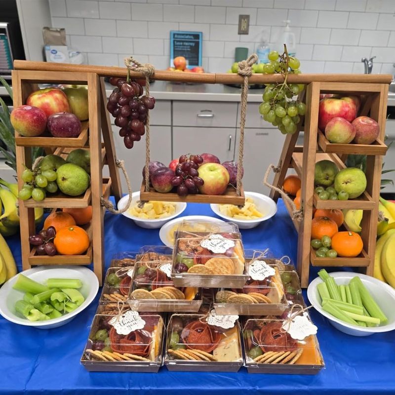 Photo 1 of *Missing Middle Swing**
3 Tier Cupcake Stand - Wooden Display Stand for Desserts, Fruits, Nuts, Cheese - Removable Trays and Foldable Stand - Perfect for Parties and Events - Rustic and Unique Wooden Serving Tray