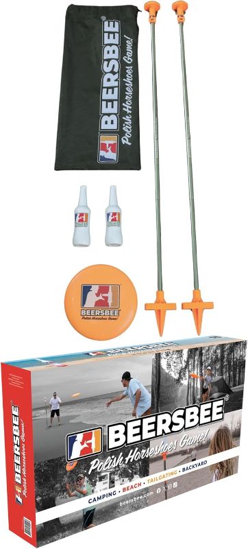 Photo 1 of Beersbee® Polish Horseshoes Flying Disc Target Bottle Drop Adult Lawn Game- Camping, Backyard, Beach, Tailgating, Frat Party Games, Bottle Battle Bash
