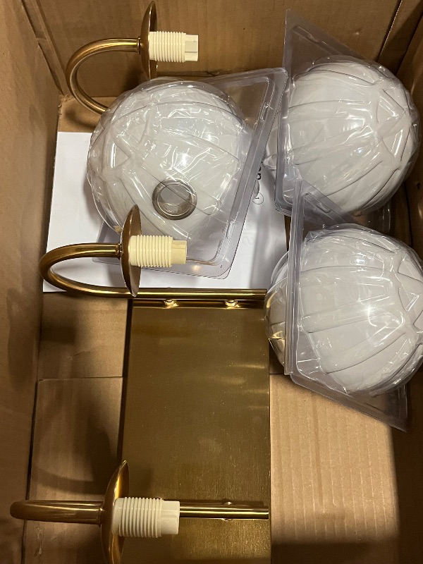 Photo 1 of Gold Light Fixtures, 3-Light Over Mirror, Mid Century Modern Bathroom Vanity Lights Wall Sconces With Globe Frosted Milk Glass
