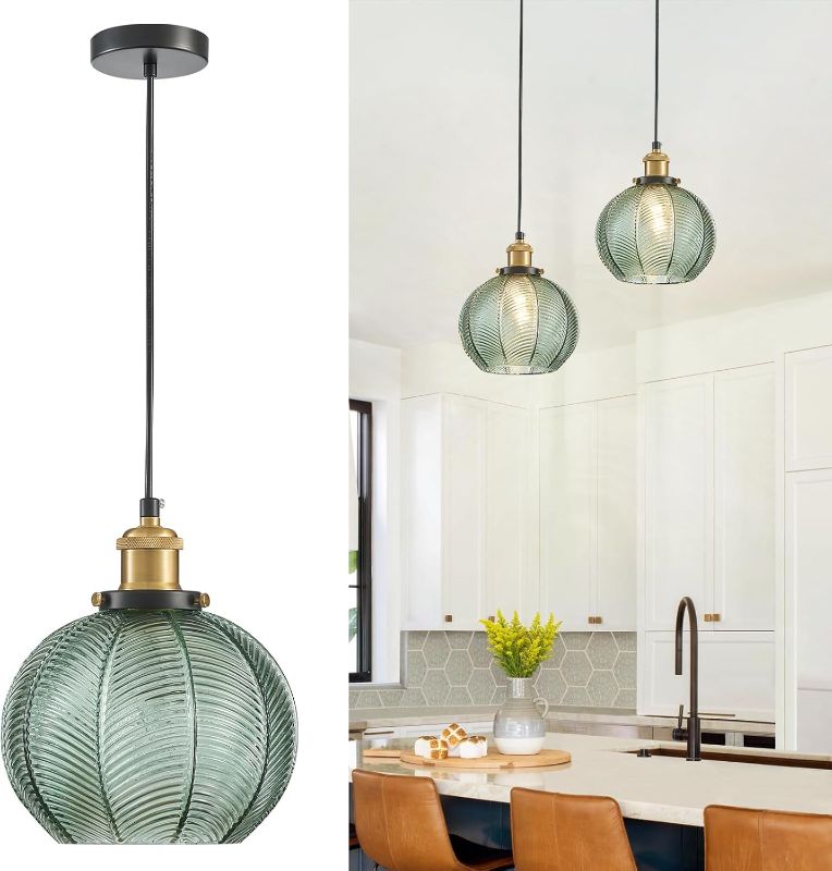 Photo 1 of 7.8in Vintage Pendant Light 1- Light Kitchen Sink Pendant Lights with Green Hand Blown Glass Small Hanging Lamp for Kitchen Island Dining Room Bedroom Bathroom Hallway E26
