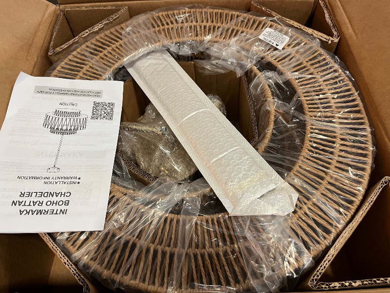 Photo 1 of 4-Light Boho Rattan Chandelier Light Fixture, 17.7” Hand Woven Rustic Chandeliers Farmhouse Chandelier Hanging Light for Dining Room Kitchen Island, Living Room, Foyer
