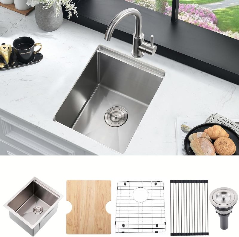 Photo 1 of 16 Inch Undermount Bar Sink Workstation,16x19 Small Kitchen Sink Bar Sinks Undermount 18 Gauge Stainless Steel Single Bowl Kitchen Prep Wet Bar Sinks with Cutting Board

