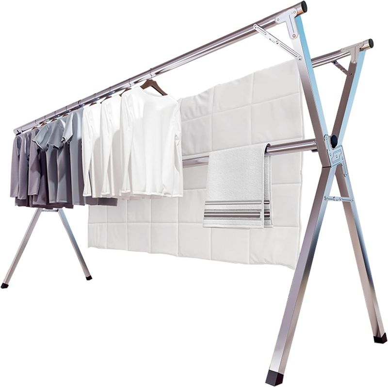Photo 1 of JAUREE 95 Inches Clothes Drying Rack, Drying Rack Clothing Folding Indoor Outdoor, Heavy Duty Stainless Steel Laundry Rack, Foldable Portable Large Clothes Rack Garment Rack with 20 Windproof Hooks