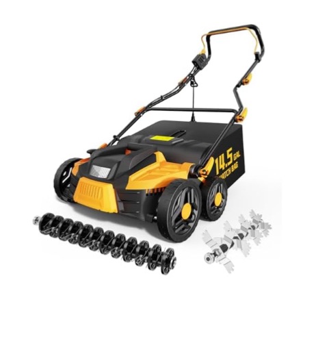 Photo 1 of 2025 Upgrade 16-Inch 15.5 Amp 2-in-1 Electric Dethatcher and Scarifier with 14.5-Gallon Collection Bag, Lawn Dethatcher with 5-Position Depth Adjustment, Keeps Lawn Healthy - Bold Yellow 