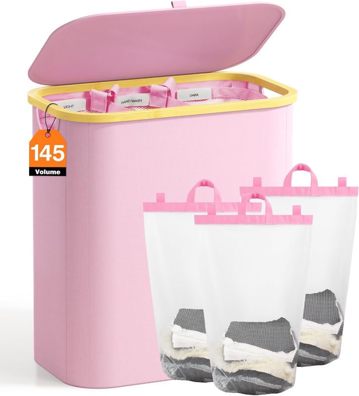Photo 1 of Hampers for Laundry Basket with Lid, 145L Extra Large 3 Section Clothes Divided Organizer for Bedroom, Laundry Room, Dirty Clothing Hamper, Pink
