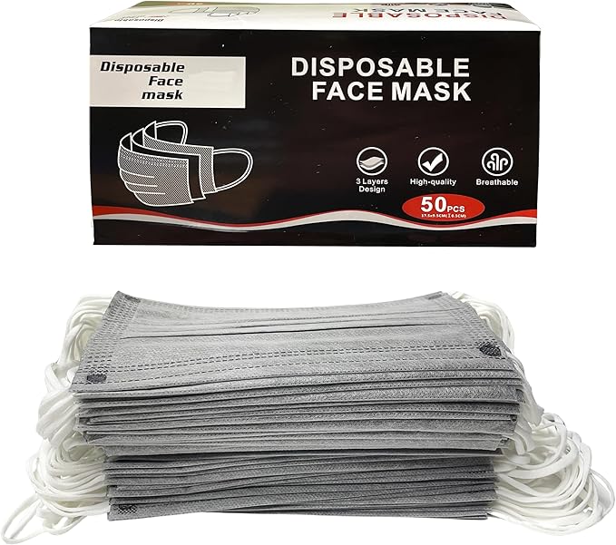Photo 1 of 50PCS Gray Disposable Face Masks, Non-medical, 3 Layer Protection Face Masks for Adult, Teenager, Seniors 1Box(50pc)