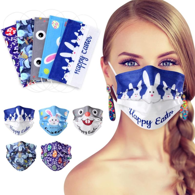 Photo 1 of Easter Disposable Face Masks - 50Pcs, Printed Face Mask for Adults, 3Ply Stylish Mask with Designs, Eggs/Rabbit/Flower Prints Safety Mask for Holiday