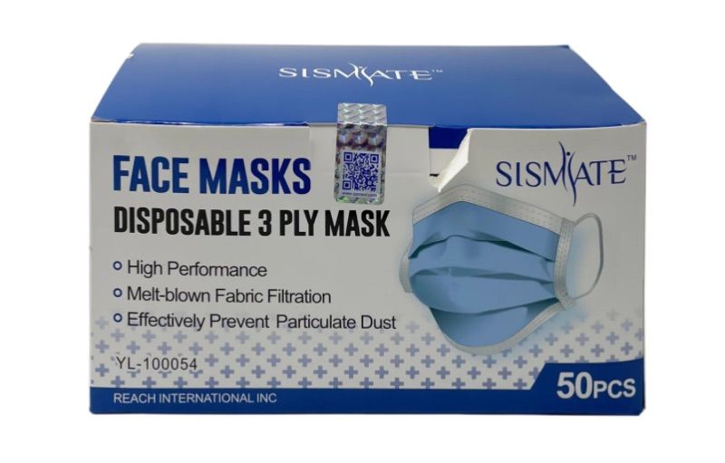 Photo 1 of Sismate Blue 3Ply Disposable Face Mask, 50 in Box

