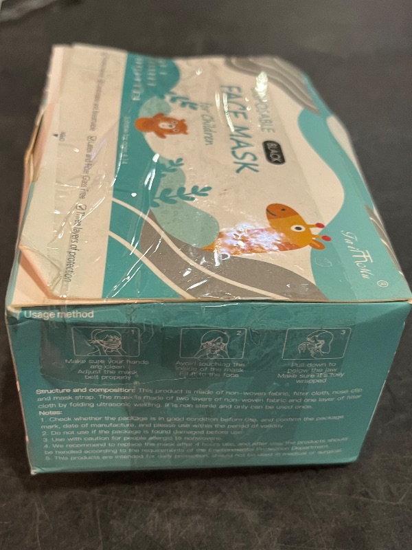 Photo 1 of Kids Disposable Face Mask 50 Pack Ages 5-12 Filter 3-Layer Safety Face Masks for Kids Daily Use.All Metal Nose Clips(Black)