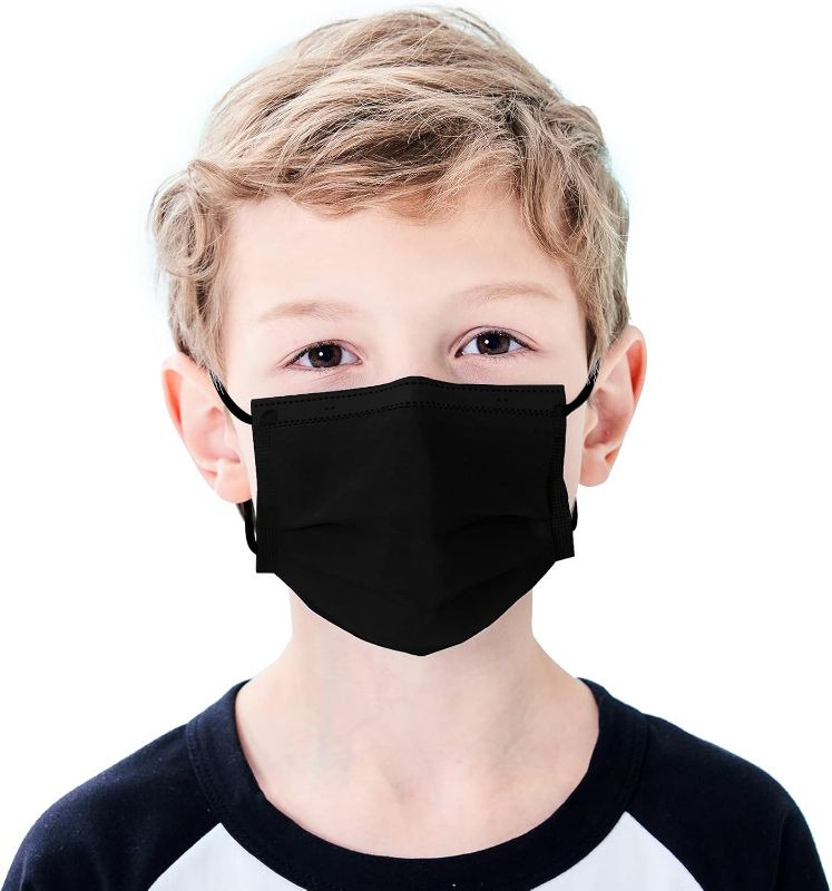 Photo 1 of Kids Disposable Face Mask 50 Pack Ages 5-12 Filter 3-Layer Safety Face Masks for Kids Daily Use.All Metal Nose Clips(Black)
