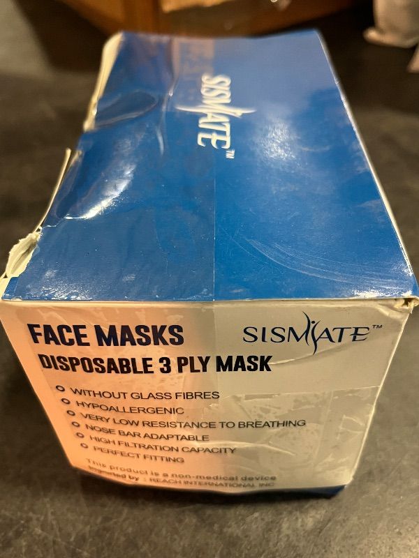 Photo 1 of Sismate Blue 3Ply Disposable Face Mask, 50 in Box
