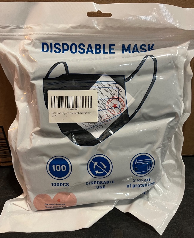 Photo 1 of 1000pcs Bulk Black Disposable Face Mask for Adults (10 Package X 100 pcs), 3-Ply Solid Breathable Earloop Full Face Protection
