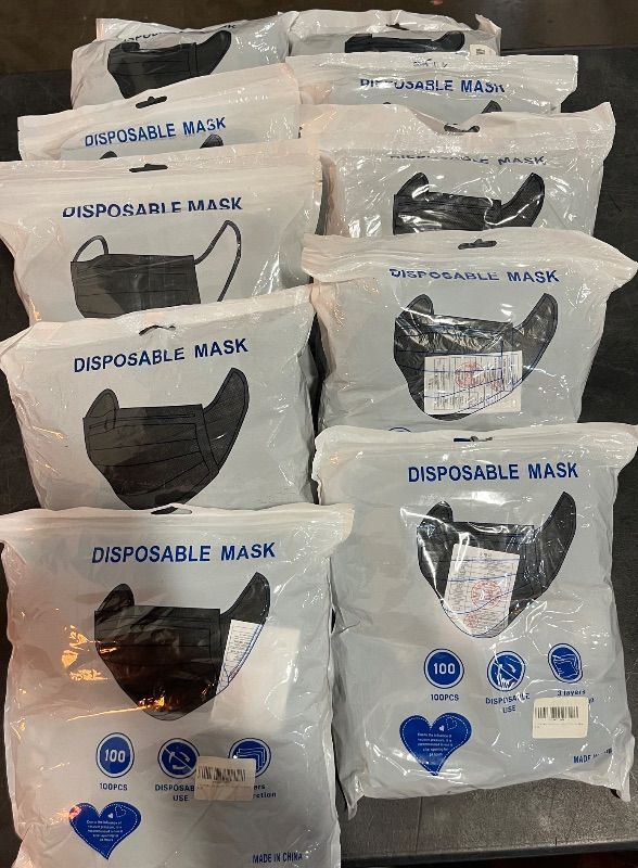 Photo 1 of 1000pcs Bulk Black Disposable Face Mask for Adults (10 Package X 100 pcs), 3-Ply Solid Breathable Earloop Full Face Protection
