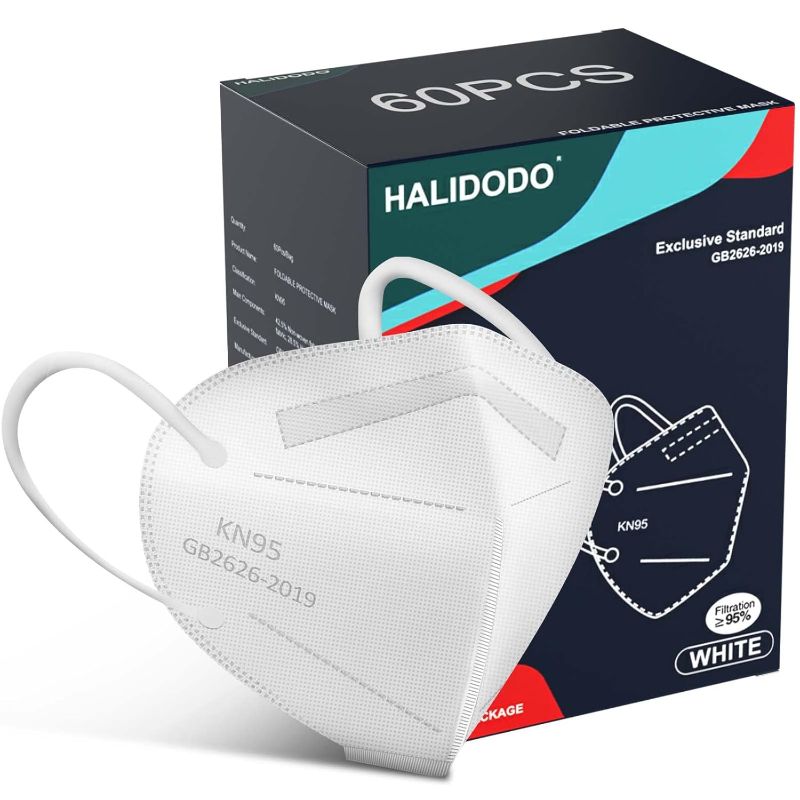 Photo 1 of Missing 20** 
HALIDODO 60 Packs KN95 Face Mask, 5-Ply Comfortable Filter Safety Mask, Protective Face Cover Mask (White)
5 per Pack